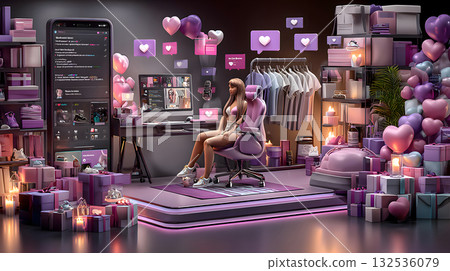 Streamer's room surrounded by heart icons and presents Streamer's room surrounded by heart icons and presents 132536079