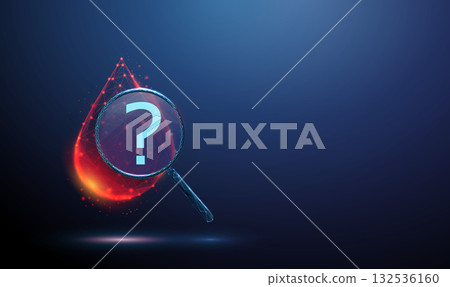 3D red blood drop under a magnifying glass with a question mark inside. Medical diagnostics, hematology, unknown pathology, undiagnosed condition concept 132536160