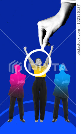 Colorful collage. Hand selecting happy professional symbolizing successful recruitment decision 132536187