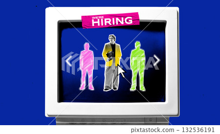 Creative collage. Candidate selection displayed on computer screen symbolizing online hiring platform Creative collage. Candidate selection displayed on computer screen symbolizing online hiring platform 132536191