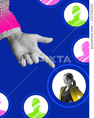 Colorful collage. Hand pointing at selected candidate profile symbolizing digital recruitment choice Colorful collage. Hand pointing at selected candidate profile symbolizing digital recruitment choice 132536193
