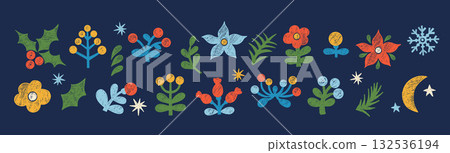 Crayon Flower. Folk Art. Floral Elements set. Christmas poinsettia, holly, plant and Berries, Branches. Isolated Bright Textured Hand Drawing doodles. Primitive Modern vector illustration. Not AI Crayon Flower. Folk Art. Floral Elements set. Christmas poinsettia, holly, plant and Berries, Branches. Isolated Bright Textured Hand Drawing doodles. Primitive Modern vector illustration. Not AI 132536194