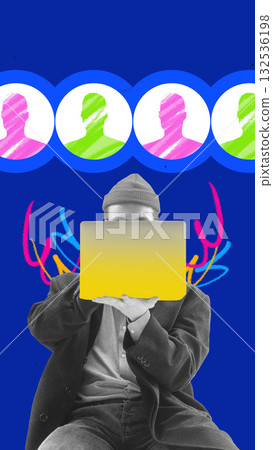 Bold colorful poster. Recruiter using laptop surrounded by colorful candidate profiles for job search Bold colorful poster. Recruiter using laptop surrounded by colorful candidate profiles for job search 132536198