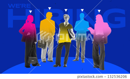 Graphic composition. Group of colorful silhouettes with text we are hiring highlighting recruitment campaign 132536206