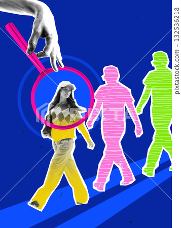 Creative digital artwork. Magnifying glass highlighting walking candidate among colorful silhouettes 132536218