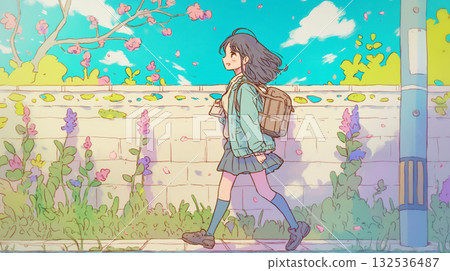 手繪插圖，描繪了一排櫻花樹和一群高中女生，非常適合用來表現新生和開學季的景象。 132536487