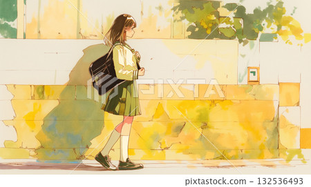 A profile of a girl in a uniform commuting to school in spring, an illustration of a hopeful new life A profile of a girl in a uniform commuting to school in spring, an illustration of a hopeful new life 132536493