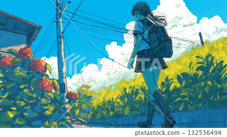 A profile of a girl in a uniform commuting to school in spring, an illustration of a hopeful new life A profile of a girl in a uniform commuting to school in spring, an illustration of a hopeful new life 132536494