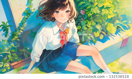 一幅描繪身穿校服的高中女生的精神插畫，展現了春天的溫暖和青春的光芒。 132536528