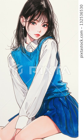 一幅描繪身穿校服的高中女生的精神插畫，展現了春天的溫暖和青春的光芒。 132536530