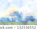 馬年新年賀卡：馬、富士山和日出 132536552