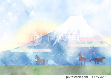 馬年新年賀卡：馬、富士山和日出 132536552