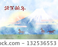 馬年新年賀卡：馬、富士山和日出 132536553