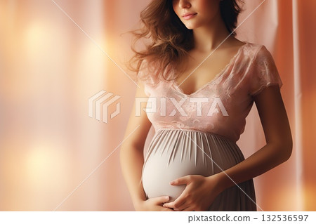 Anticipation of Motherhood Copy Space Featuring a Radiant Pregnant Woman Standing, Embracing the Journey to Motherhood with Grace. created with Generative AI 132536597