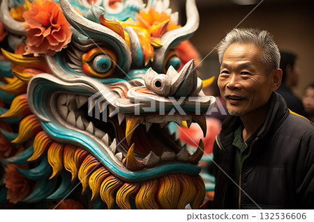 Cultural Spectacle Chinese Man Radiates Tradition as He Adorns the Iconic Dragon Costume, Celebrating Heritage in a Vibrant Display. created with Generative AI 132536606