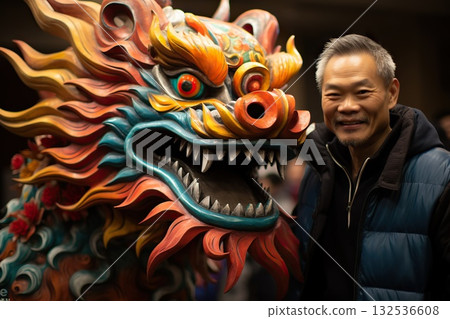 Cultural Spectacle Chinese Man Radiates Tradition as He Adorns the Iconic Dragon Costume, Celebrating Heritage in a Vibrant Display. created with Generative AI 132536608