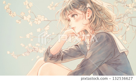 A youthful illustration of a high school girl in uniform and a spring blue sky, evoking a hopeful future. 132536627