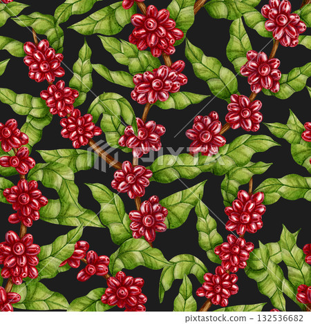 Watercolor seamless pattern with coffee branches, red berries, and leaves. Perfect for coffee shop branding, packaging design, cafe menus, and textile prints. Watercolor seamless pattern with coffee branches, red berries, and leaves. Perfect for coffee shop branding, packaging design, cafe menus, and textile prints. 132536682