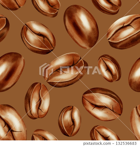 Seamless hand-painted watercolor pattern of roasted coffee beans. Great for coffee shop branding, menu design, product packaging, and cafe backgrounds. Seamless hand-painted watercolor pattern of roasted coffee beans. Great for coffee shop branding, menu design, product packaging, and cafe backgrounds. 132536683