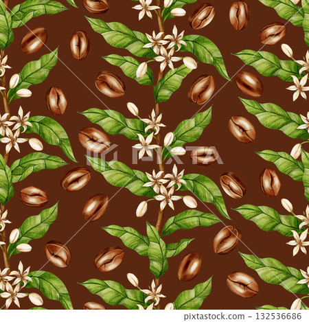 Watercolor seamless pattern featuring coffee tree branches, white flowers, and brown beans. Ideal for cafe menus, coffee shop branding, packaging, and textile design. Watercolor seamless pattern featuring coffee tree branches, white flowers, and brown beans. Ideal for cafe menus, coffee shop branding, packaging, and textile design. 132536686