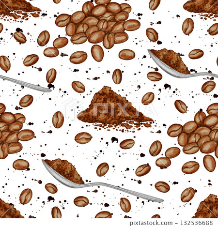 Watercolor seamless pattern with coffee beans, spoons, and ground powder. Perfect for coffee shops, packaging, cafe menus, and branding designs. 132536688