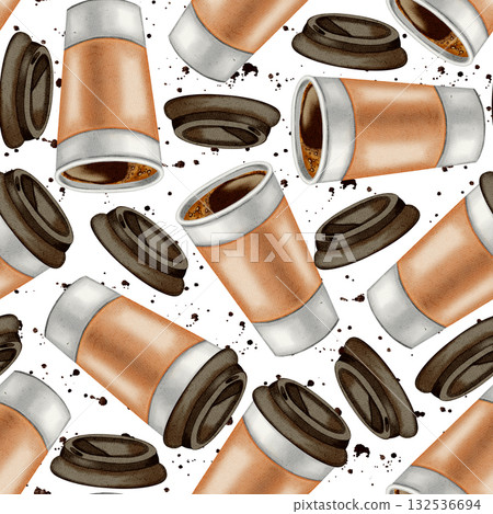 Hand painted watercolor seamless pattern of floating takeaway coffee cups and lids with splashes. Excellent for coffee shops, cafe branding, packaging, and store decoration, menu. Hand painted watercolor seamless pattern of floating takeaway coffee cups and lids with splashes. Excellent for coffee shops, cafe branding, packaging, and store decoration, menu. 132536694