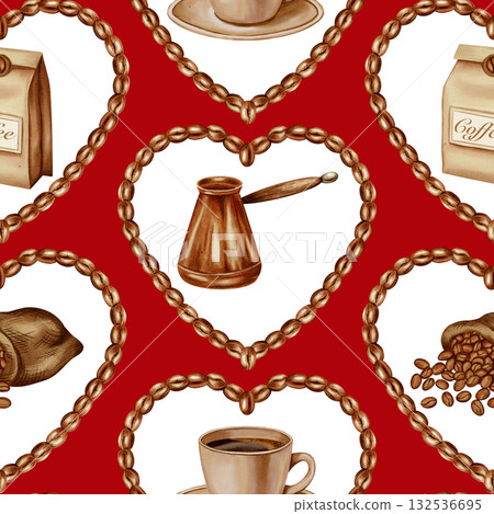 Hand-painted watercolor seamless pattern with coffee bean hearts, Turk pot, cup, and sack. Ideal for coffee shops, romantic packaging, menu backgrounds, and store display. 132536695
