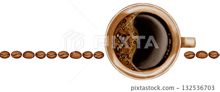 Hand drawn watercolor illustration, seamless border with coffee cup and coffee beans 132536703