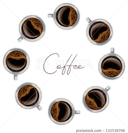 Hand-painted watercolor wreath of coffee cups, ideal for cafe branding, store displays, menu templates, and coffee packaging. Hand-painted watercolor wreath of coffee cups, ideal for cafe branding, store displays, menu templates, and coffee packaging. 132536706