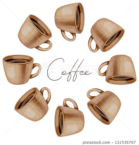Hand-painted watercolor wreath of coffee cups, ideal for cafe branding, store displays, menu templates, and coffee packaging. Hand-painted watercolor wreath of coffee cups, ideal for cafe branding, store displays, menu templates, and coffee packaging. 132536707