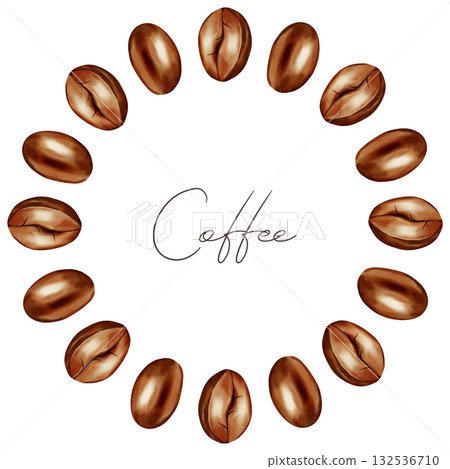 Hand painted Watercolor illustration coffee bean wreath illustration, perfect for coffee shops, cafes, menu design, packaging, and store decoration. 132536710