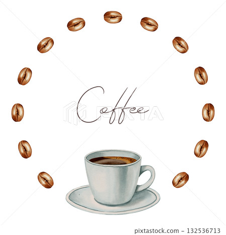 Hand painted watercolor illustration of a coffee cup inside a decorative wreath of floating beans. Ideal for coffee shops, cafes, store branding, packaging, and menu design 132536713