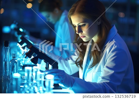 Scientific Precision Serious and Concentrated Female Microbiologist Conducts Research with Utmost Focus in a State-of-the-Art Laboratory Setting. created with Generative AI Scientific Precision Serious and Concentrated Female Microbiologist Conducts Research with Utmost Focus in a State-of-the-Art Laboratory Setting. created with Generative AI 132536719