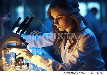Scientific Precision Serious and Concentrated Female Microbiologist Conducts Research with Utmost Focus in a State-of-the-Art Laboratory Setting. created with Generative AI 132536720