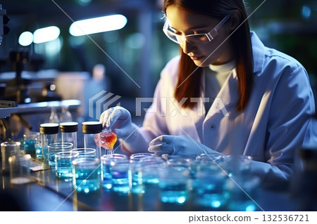 Scientific Precision Serious and Concentrated Female Microbiologist Conducts Research with Utmost Focus in a State-of-the-Art Laboratory Setting. created with Generative AI Scientific Precision Serious and Concentrated Female Microbiologist Conducts Research with Utmost Focus in a State-of-the-Art Laboratory Setting. created with Generative AI 132536721