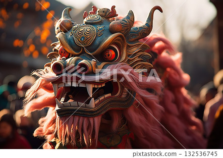 Dynamic Elegance Chinese New Year's Dancing Dragon Captivates in a Spirited Display, Symbolizing Prosperity and Cultural Jubilation. created with Generative AI 132536745