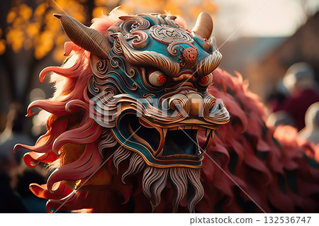 Dynamic Elegance Chinese New Year's Dancing Dragon Captivates in a Spirited Display, Symbolizing Prosperity and Cultural Jubilation. created with Generative AI 132536747