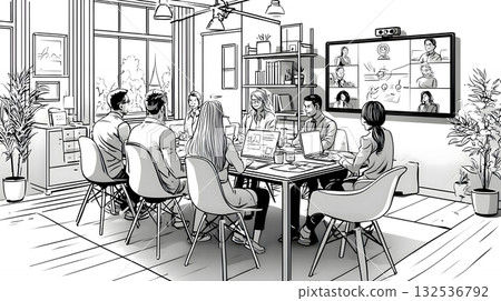 Black and white hybrid work meeting illustration 132536792