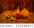 Colorful still life of fruits and veggies on a textured backdrop 132536815