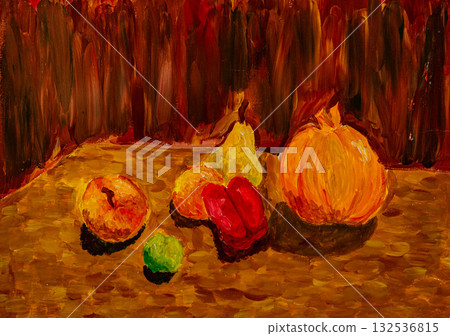 Colorful still life of fruits and veggies on a textured backdrop Colorful still life of fruits and veggies on a textured backdrop 132536815