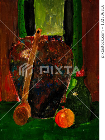 Vibrant still life with pottery and fruits capturing rich colors and textures Vibrant still life with pottery and fruits capturing rich colors and textures 132536816