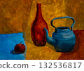 Bright still life with a blue kettle and red vase on a vivid background 132536817