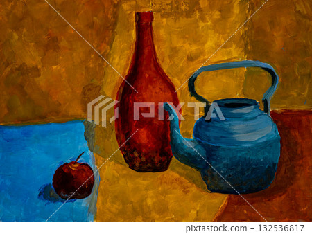 Bright still life with a blue kettle and red vase on a vivid background Bright still life with a blue kettle and red vase on a vivid background 132536817
