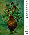 Vibrant still life with a clay vase and red berries on green background 132536818