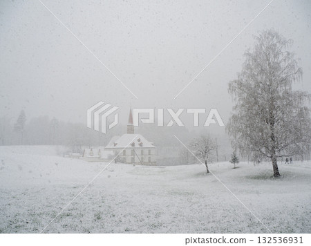 Sudden blizzard in the Gatchina park. old Maltese palace Sudden blizzard in the Gatchina park. old Maltese palace 132536931