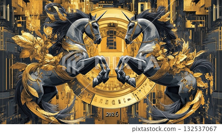 Golden black horse abstract art with metallic waves 132537067