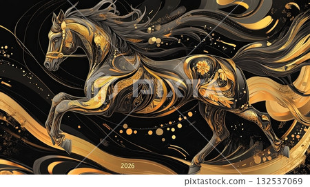Golden black horse abstract art with metallic waves 132537069