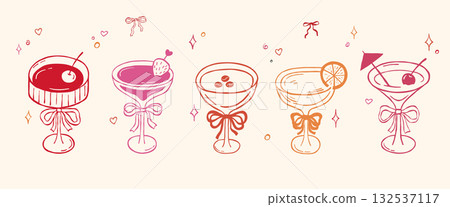 Coquette cocktail glass with bow, hand draw vector illustrations set, colorful martini, doodle whimsical sketch for party invitation, wine drinks Coquette cocktail glass with bow, hand draw vector illustrations set, colorful martini, doodle whimsical sketch for party invitation, wine drinks 132537117