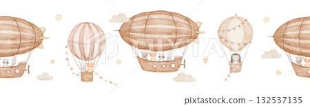 Seamless watercolor border with hot air balloons and zeppelin, hand drawn repeating illustrations with cute baby animals 132537135