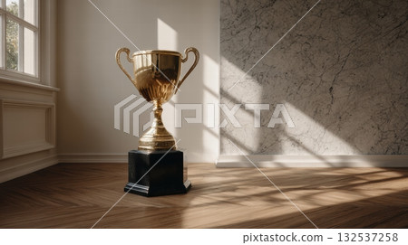 A golden trophy cup on a dark black base A golden trophy cup on a dark black base 132537258